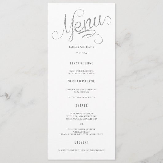 Silver Glitzer Calligraphy Wedding Menu Cards Menükarte (Vorderseite)