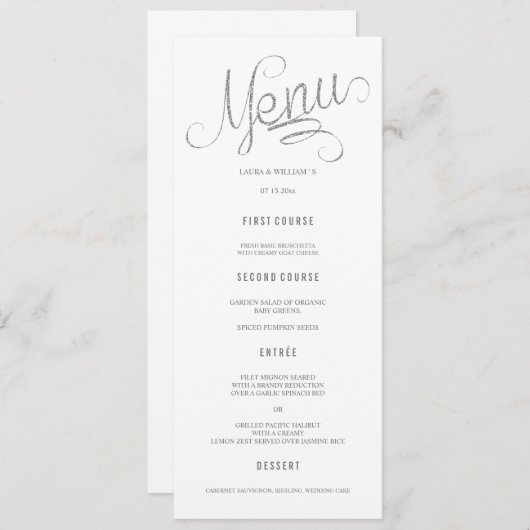 Silver Glitzer Calligraphy Wedding Menu Cards Menükarte (Vorne/Hinten)