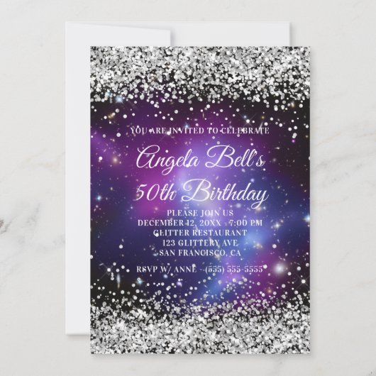 Silver Glitzer Celestial Lila 50. Geburtstag Einladung (Rückseite)