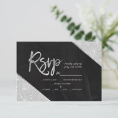 Silver Glitzer chalkboard Skript Hochzeit Rsvp Karte (Stehend Vorderseite)