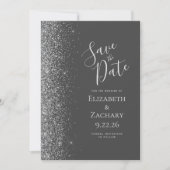 Silver Glitzer Charcoal Graut Save the Date Ankündigung (Vorderseite)