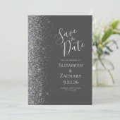 Silver Glitzer Charcoal Graut Save the Date Ankündigung (Stehend Vorderseite)