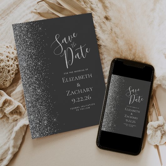 Silver Glitzer Charcoal Graut Save the Date Ankündigung
