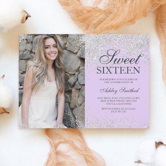 Silver Glitzer Chic Lavendel Foto Sweet 16 Einladung