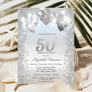 Silver Glitzer Confetti Balloons 50. Geburtstag Einladung