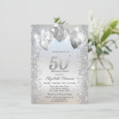 Silver Glitzer Confetti Balloons 50. Geburtstag Einladung (Stehend Vorderseite)