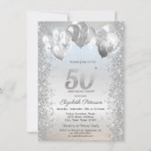 Silver Glitzer Confetti Balloons 50. Geburtstag Einladung (Vorderseite)