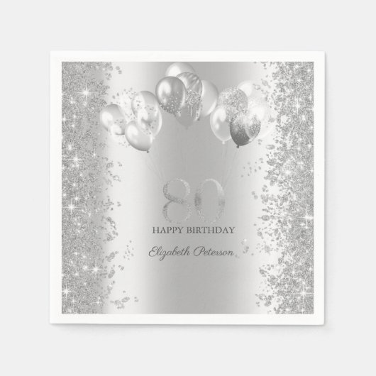 Silver Glitzer Confetti Balloons 80. Geburtstag Serviette (Vorderseite)