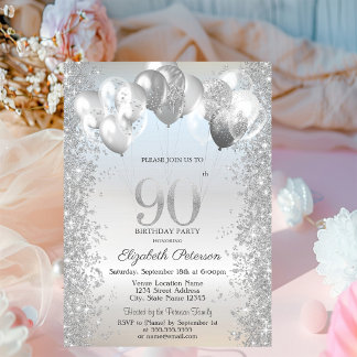 Silver Glitzer Confetti Balloons 90. Geburtstag Einladung