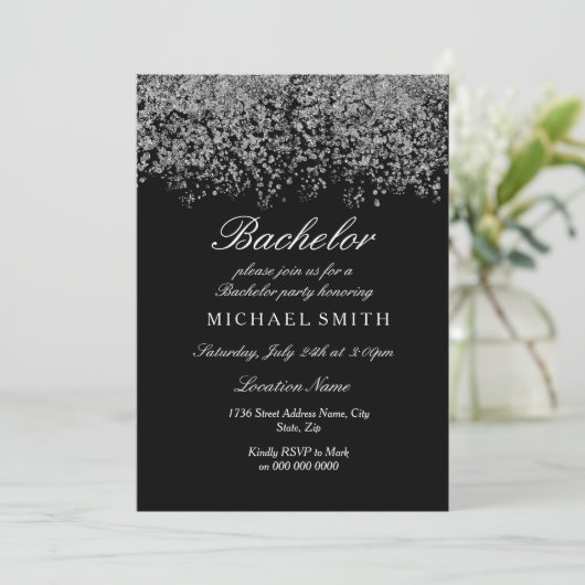 Silver Glitzer Confetti Black Bachelor Party Einladung (Stehend Vorderseite)