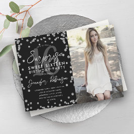 Silver Glitzer Confetti Foto Überraschung Sweet 16 Einladung