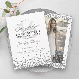 Silver Glitzer Confetti Foto Überraschung Sweet 16 Einladung