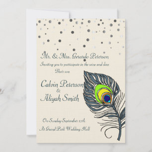 Silver Glitzer Confetti Peacock Feathers Wedding Einladung