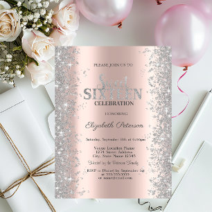 Silver Glitzer Confetti Rose Gold Sweet 16 Einladung