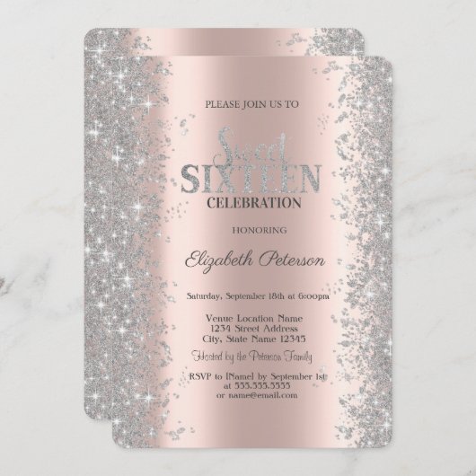 Silver Glitzer Confetti Rose Gold Sweet 16 Einladung (Vorne/Hinten)