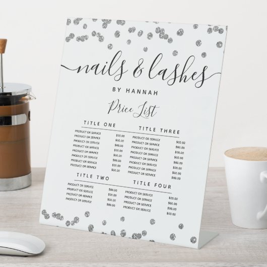 Silver Glitzer Confetti Salon Price Menü Sockelschild (In Situ)