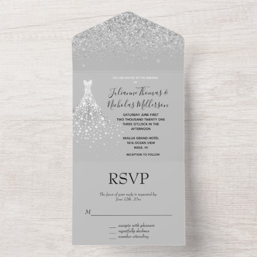 Silver Glitzer Confetti White Diamond Dress All In One Einladung (Innen Boden)