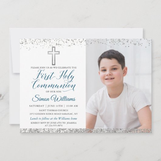 Silver Glitzer Cross Script Erste Kommune Foto Einladung (Vorderseite)