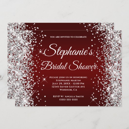 Silver Glitzer Dark Red Gradient Extravagant Monog Einladung (Vorne/Hinten)