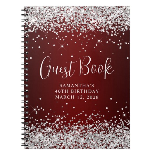 Silver Glitzer Dark Red Ombre 40th Birthday Guest Notizblock (Vorderseite)