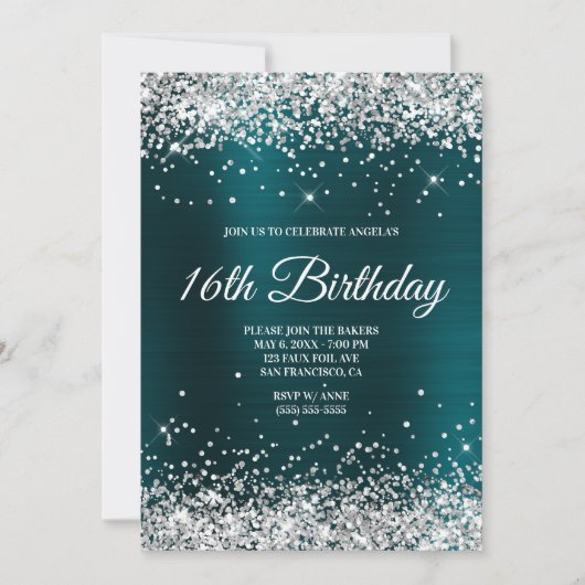 Silver Glitzer Dark Turquoise Ombre Foil Monogram Einladung (Vorderseite)