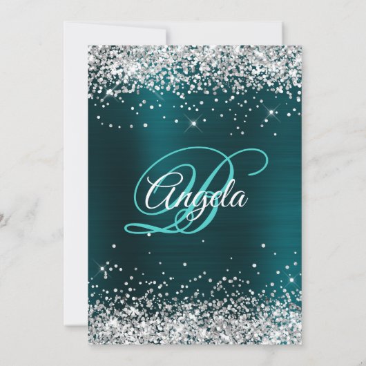 Silver Glitzer Dark Turquoise Ombre Foil Monogram Einladung (Rückseite)