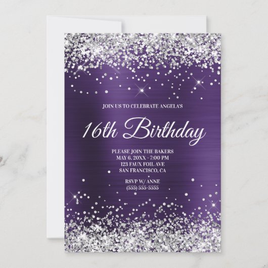 Silver Glitzer Dark Violet Ombre Foil Monogram Einladung (Vorderseite)