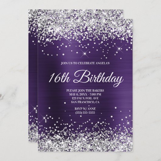 Silver Glitzer Dark Violet Ombre Foil Monogram Einladung (Vorne/Hinten)