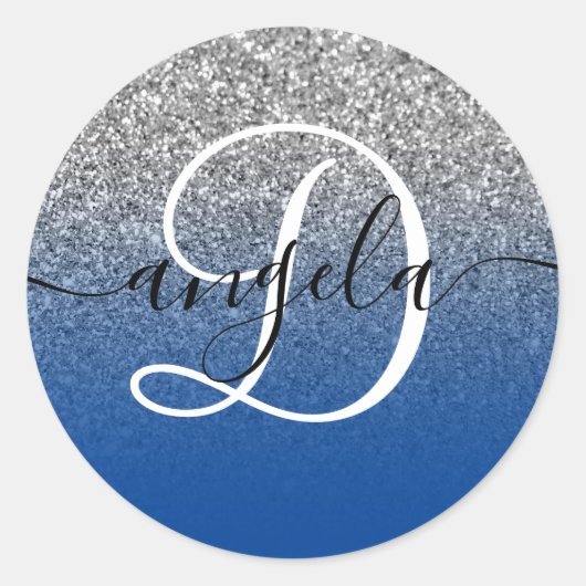 Silver Glitzer Deep Blue Ombre Mit Monogramm Runder Aufkleber (Vorderseite)