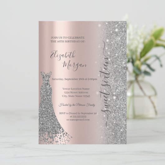 Silver Glitzer Diamond Dress Rose Gold Sweet 16 Einladung (Stehend Vorderseite)