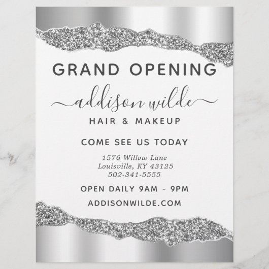 Silver Glitzer Diamond Glam Business Grand Opening Flyer (Vorne)
