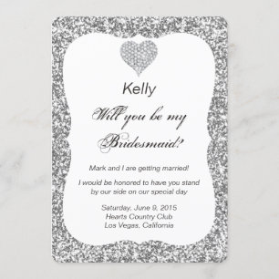 Silver Glitzer Diamond Heart Bridesmaid Card Einladung