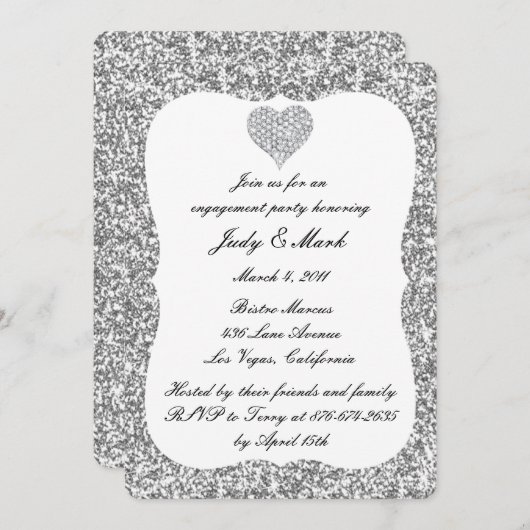 Silver Glitzer Diamond Heart Engagement Party Einladung (Vorne/Hinten)