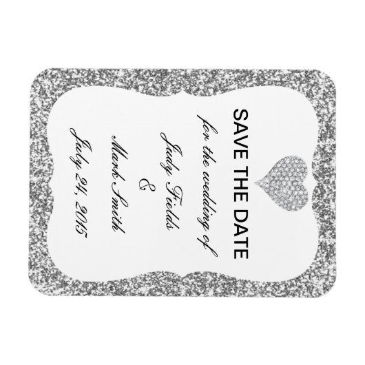 Silver Glitzer Diamond Heart speichern Datum Magne Magnet (Horizontal)