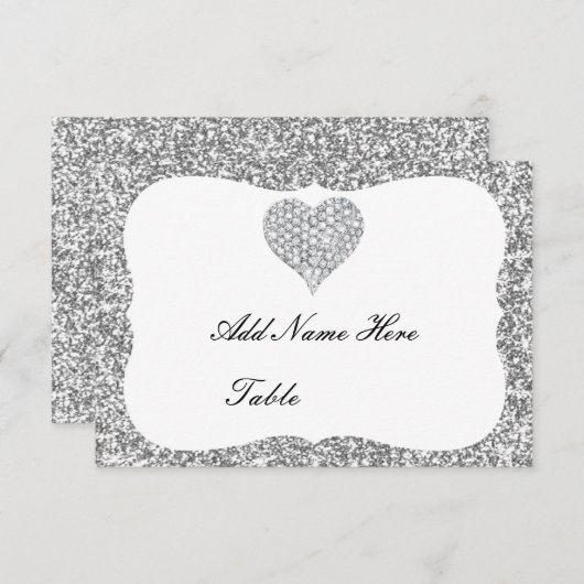 Silver Glitzer Diamond Heart Table Platzkarte (Vorne/Hinten)