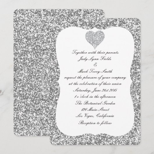 Silver Glitzer Diamond Heart Wedding Einladung (Vorne/Hinten)