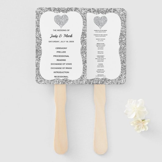Silver Glitzer Diamond Heart Wedding Program Fans Fächer (Vorne und Hinten)