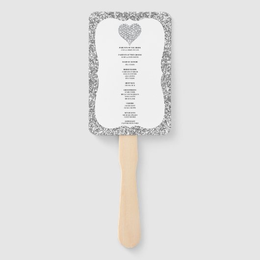 Silver Glitzer Diamond Heart Wedding Program Fans Fächer (Rückseite)
