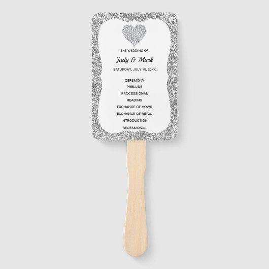 Silver Glitzer Diamond Heart Wedding Program Fans Fächer (Vorderseite)