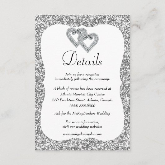 Silver Glitzer Diamond Hearts Hochzeitsdetails Begleitkarte (Vorderseite)