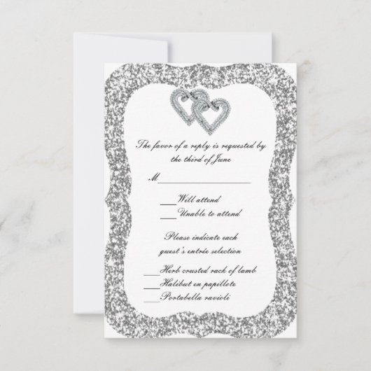 Silver Glitzer Diamond Hearts Response Card RSVP Karte (Vorderseite)