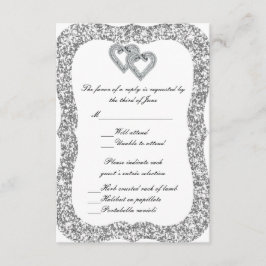 Silver Glitzer Diamond Hearts Response Card RSVP Karte