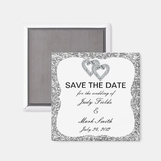 Silver Glitzer Diamond Hearts speichern das Datums Magnet (Vorderseite/Rückseite)