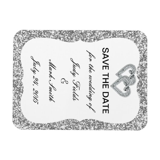Silver Glitzer Diamond Hearts speichern das Datums Magnet (Horizontal)
