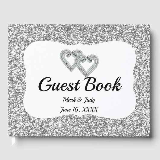 Silver Glitzer Diamond Hearts Wedding Gästebuch (Vorderseite)