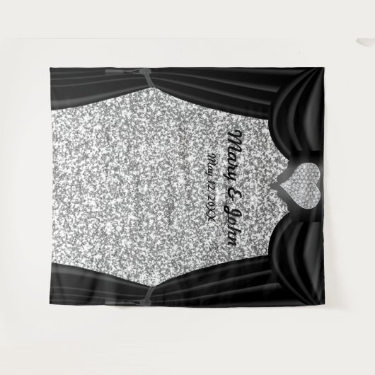 Silver Glitzer Diamond Herz Schwarzer Vorhang Wandteppich (Vorderseite (Horizontal))