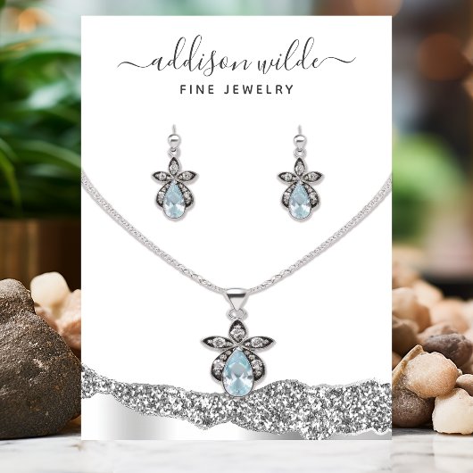 Silver Glitzer Diamond Necklace Earring Display Visitenkarte