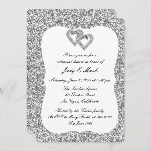 Silver Glitzer Diamond Probe Abendessen Einladung (Vorne/Hinten)