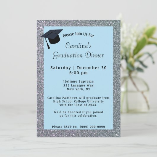 Silver Glitzer Dinner Light Blue Abschluss Einladung (Stehend Vorderseite)
