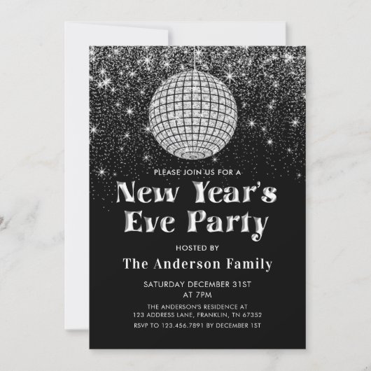 Silver Glitzer Disco Ball Neujahr Party Einladung (Vorderseite)